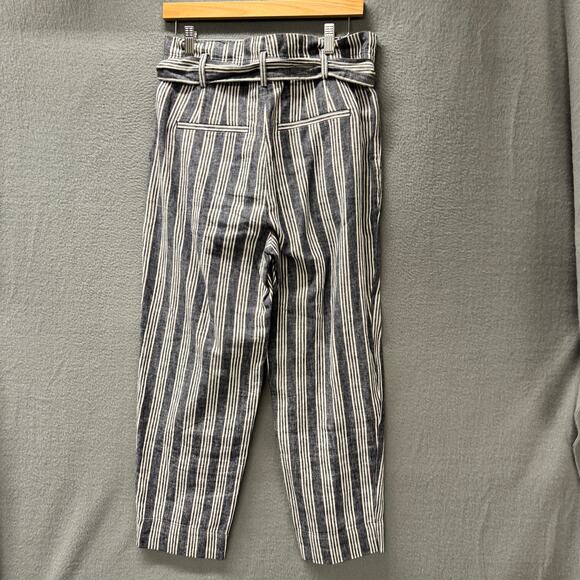 Madewell Paperbag Pants Womens 4 Blue Linen Cotton Stripe Belted Coastal Crop - Picture 4 of 10